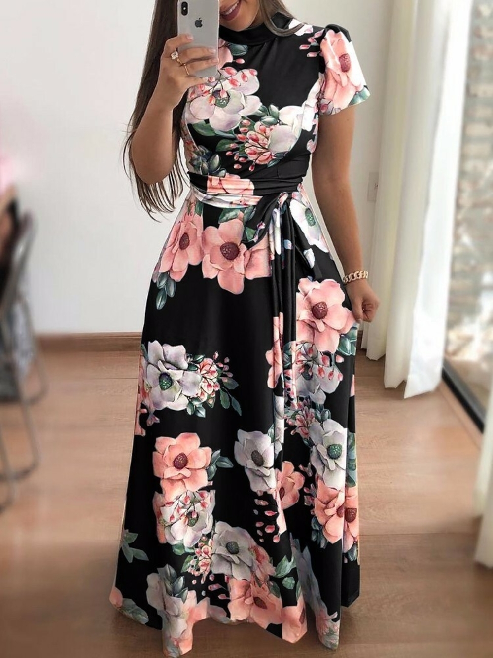 Women's Floral Belted Maxi Dress